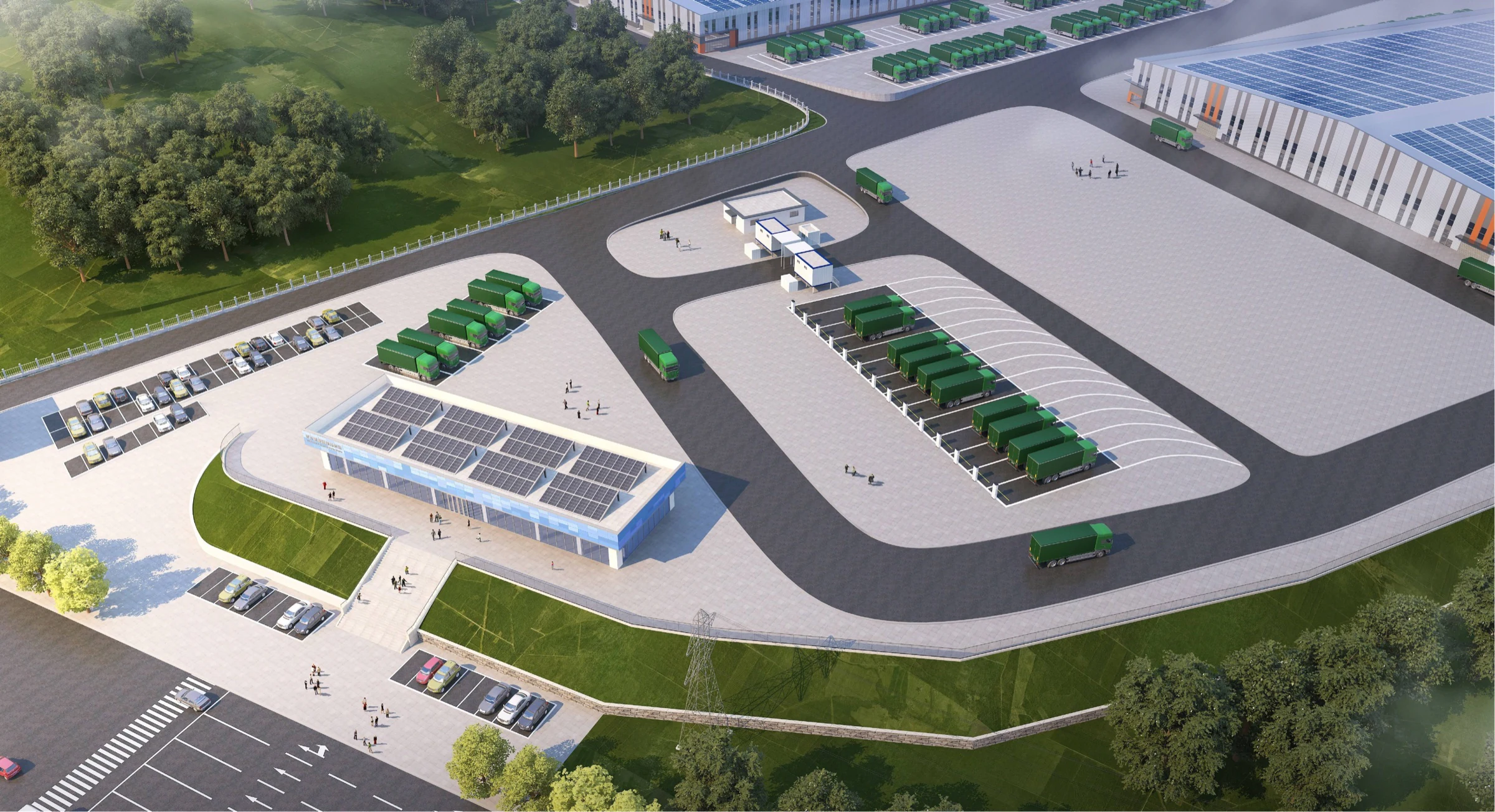 Aerial rendering of warehousing, processing and heavy-truck parking at Hanking Logistics Park